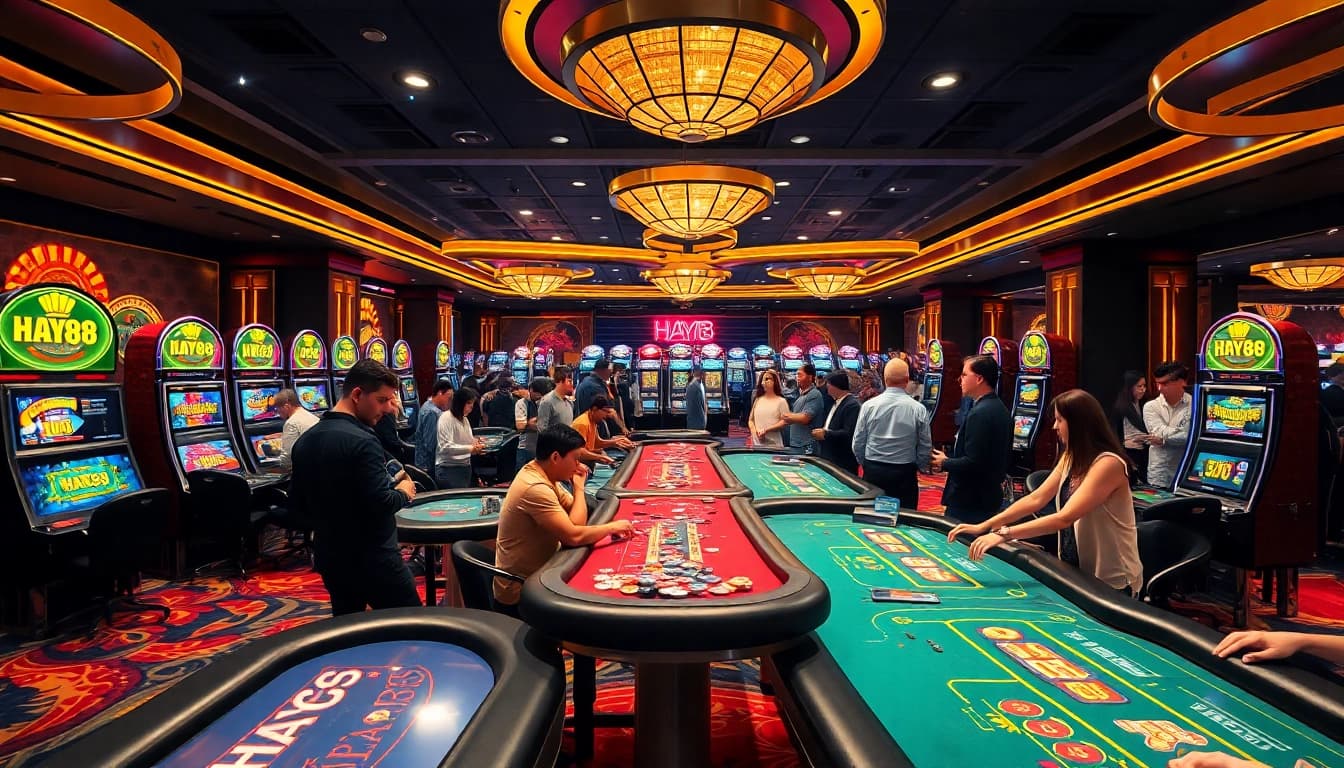 Experience thrilling gaming at HAY88 Casino with vibrant poker tables and engaging slot machines.