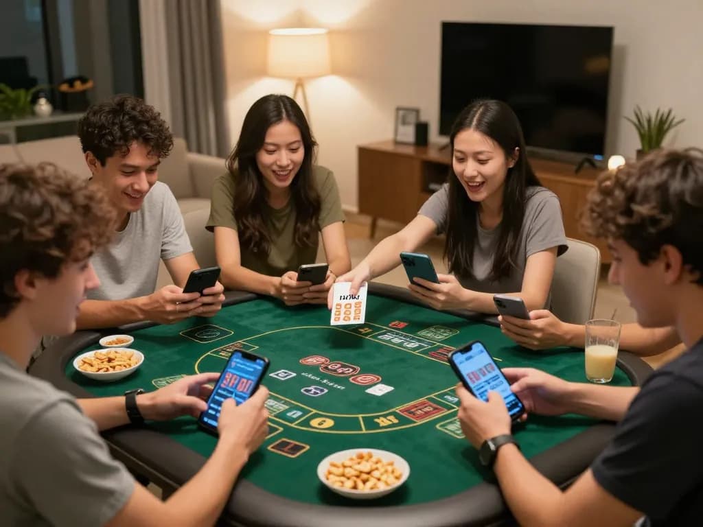 Tài xỉu online game session with friends enjoying interactive gameplay in a cozy home setting