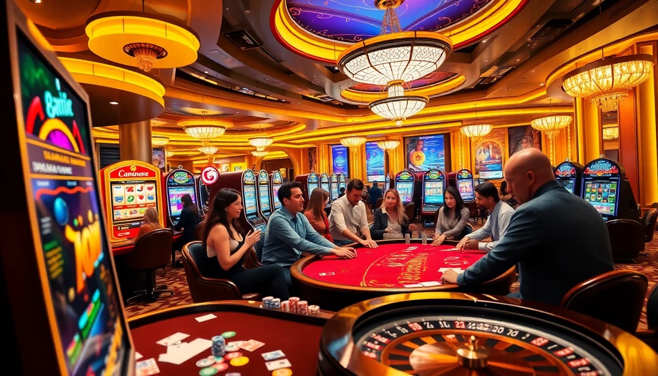 Players enjoying an exciting game at the 888new casino with vibrant slots and poker tables.