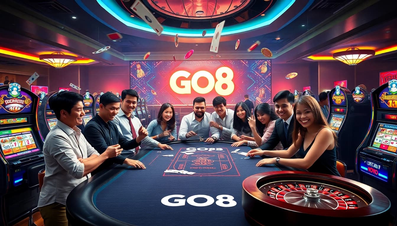 GO 8 players enjoying a vibrant casino atmosphere at a gaming table with dynamic action and excitement.