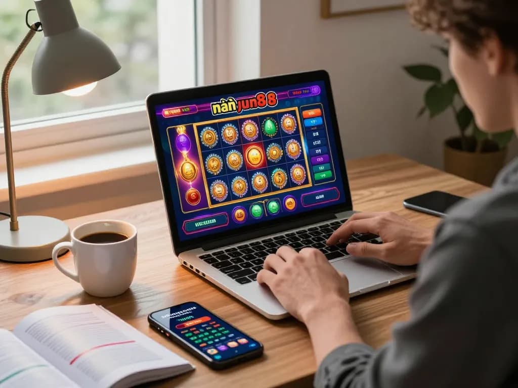 Player enjoying the nhà cái jun88 online casino experience at home, focused on gaming strategy.