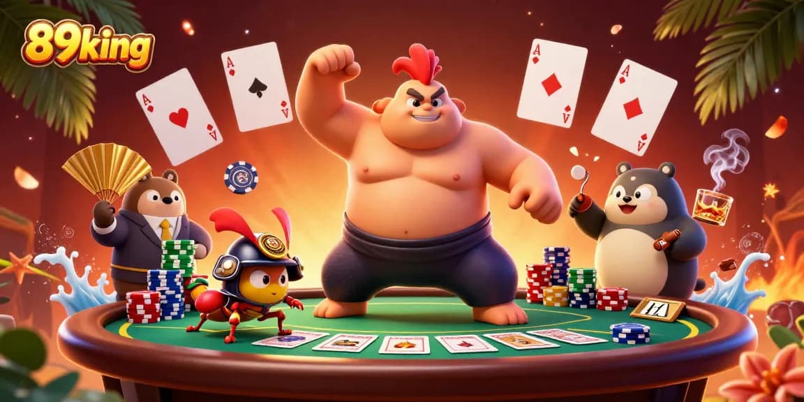 Experience thrilling poker action with 89king in a vibrant 3D scene featuring powerful characters and dynamic gaming elements.