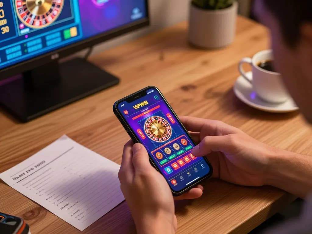 VIPWIN user engaging with a mobile casino app, showcasing strategic gameplay and vibrant casino graphics
