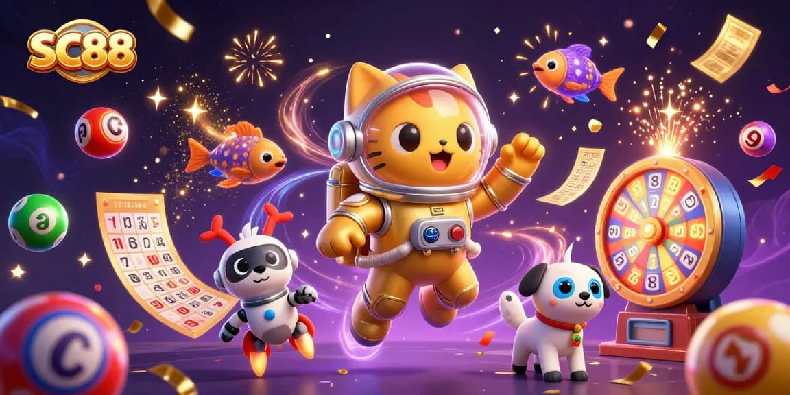 Engage with SC88 in a vibrant online casino world featuring dynamic lottery games and cosmic characters.