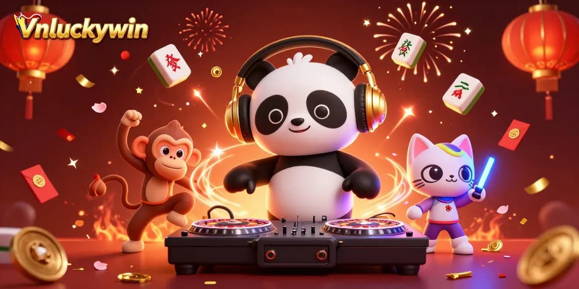 vnluckywin celebrates dynamic gambling fun with a DJ panda, dancing monkey, and rave kitten.