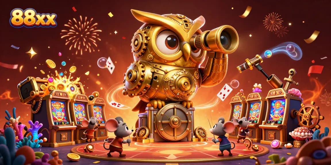 Experience the thrill of 88xx gaming with a vibrant 3D illustration capturing slots, golden treasures, and lively casino elements.