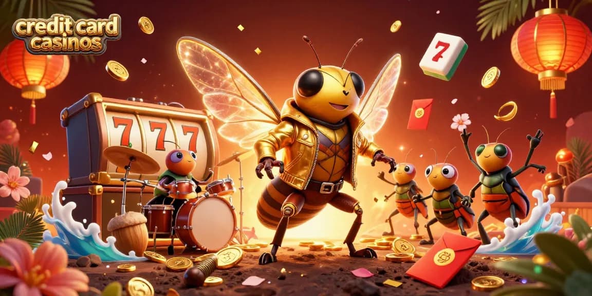 Engage with exciting credit card casinos featuring vibrant characters, slot reels, and dynamic elements.