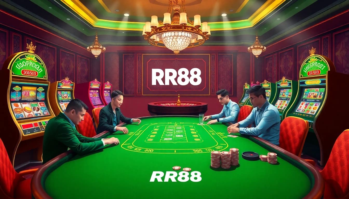 Exciting RR88 online casino scene with players at a poker table and vibrant slot machines.