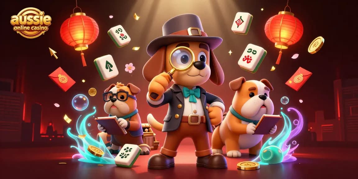 A 3D detective bloodhound investigates a golden poker chip clue at an aussie online casino, surrounded by festive elements.