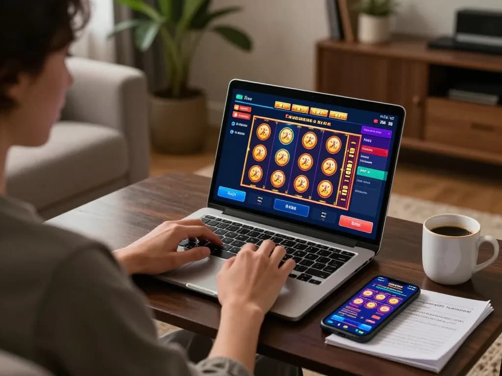 Engaging in online gambling with f8betz on a laptop in a cozy living room environment