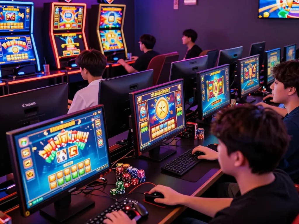Players enjoying TG88's vibrant online slot games in an engaging gaming lounge.