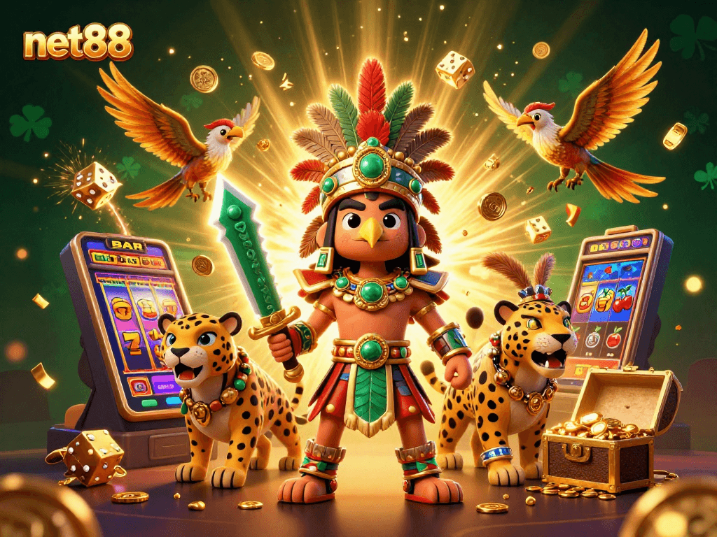 Experience a thrilling jackpot moment with net88's vibrant slot machine and warriors.