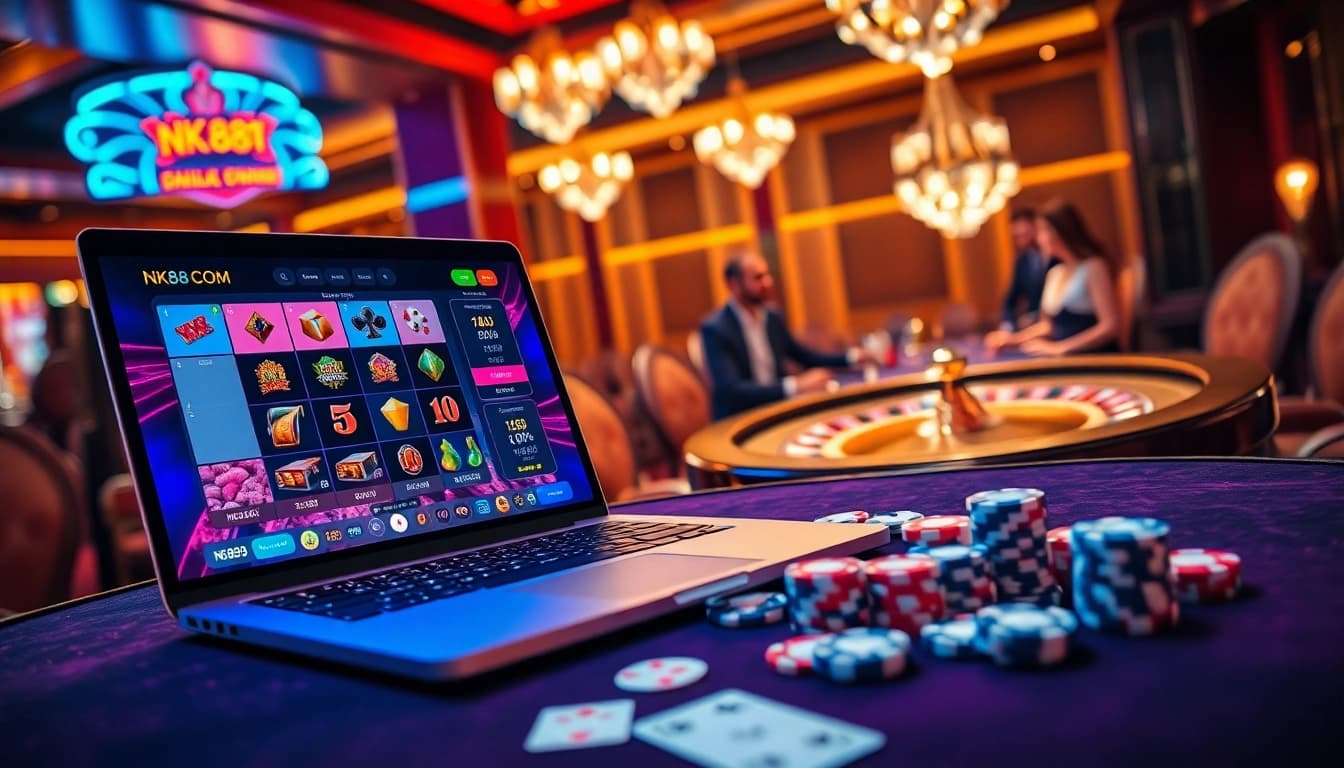 Engaging gamblers at NK88 COM with an exciting casino scene featuring roulette and slot machines.
