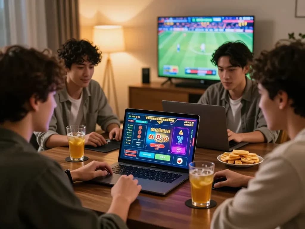 Group playing games on laptop, showcasing engaging 789Win com online betting experience in a cozy atmosphere.