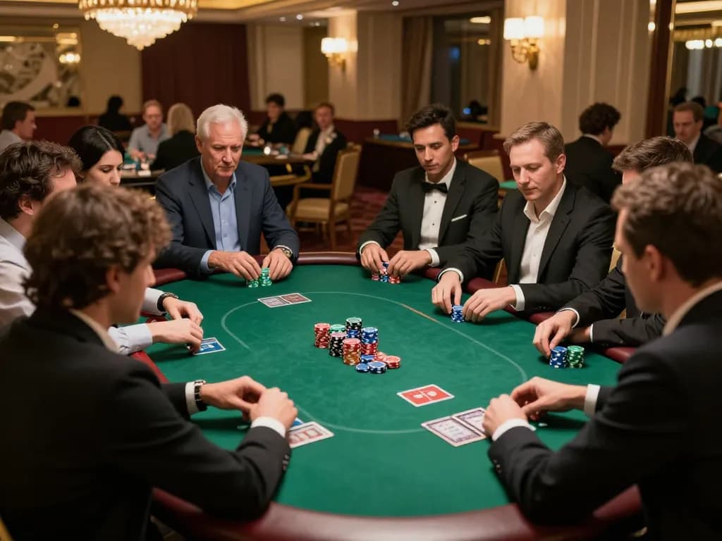 Players enjoying an exclusive poker game at https://www.atqvn.com/ under warm chandeliers, showcasing strategic gameplay.