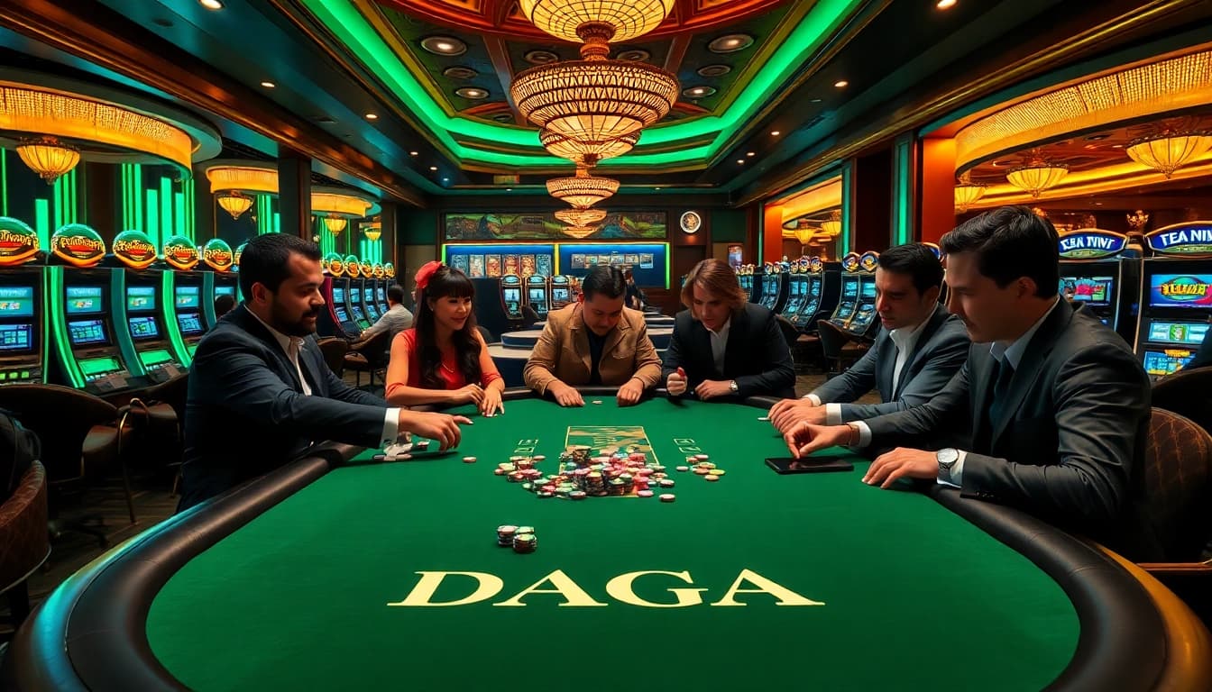 Daga poker players engaging at a luxurious casino table with vibrant atmosphere.