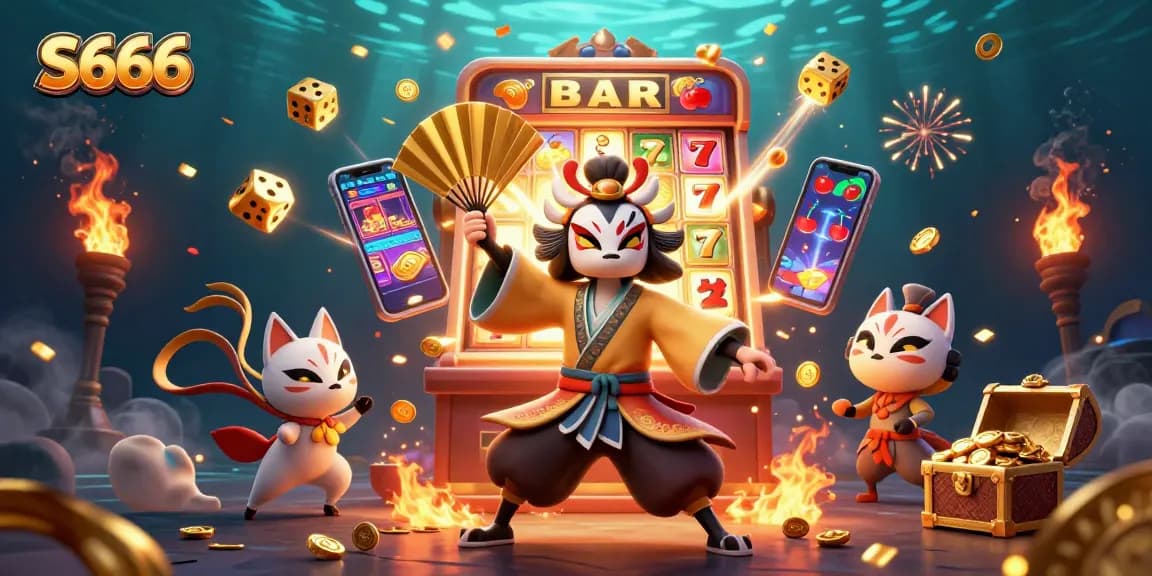 S666 offers thrilling slots with a kabuki warrior and kitsune mask amidst a colorful jackpot explosion.