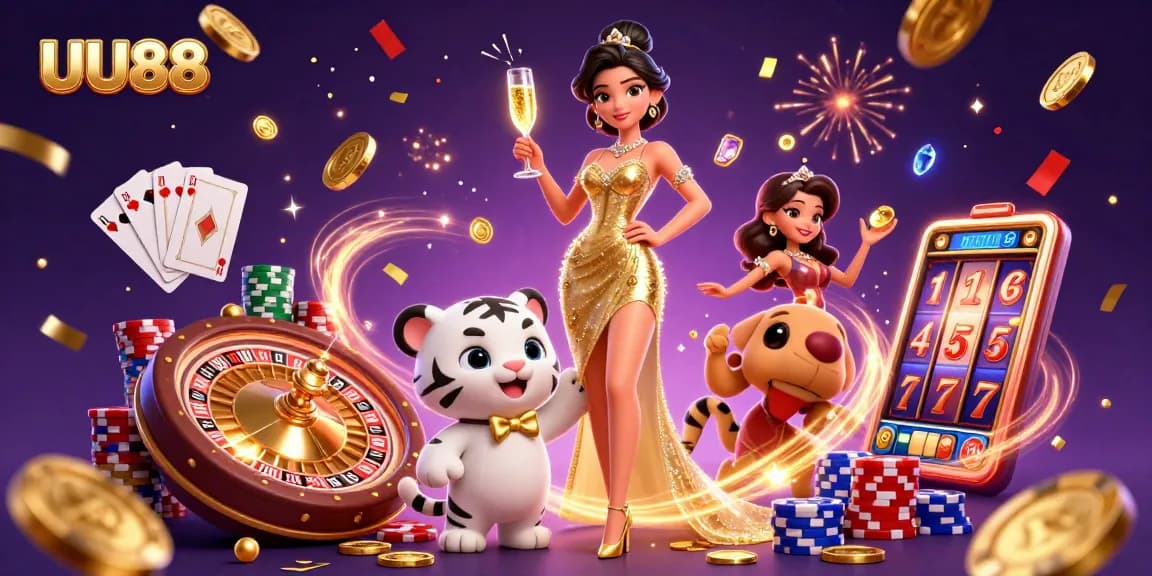 UU88 showcases a glamorous woman and a lucky tiger cub celebrating with casino elements.