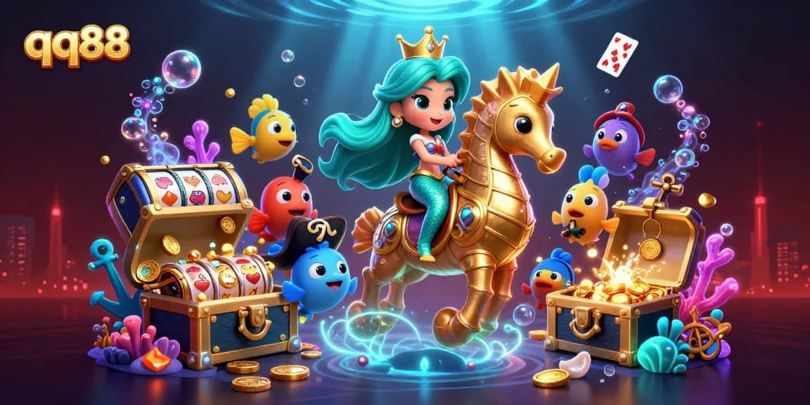 Experience thrilling slots with qq88 as a colorful mermaid princess and seahorse explore magical underwater treasures.