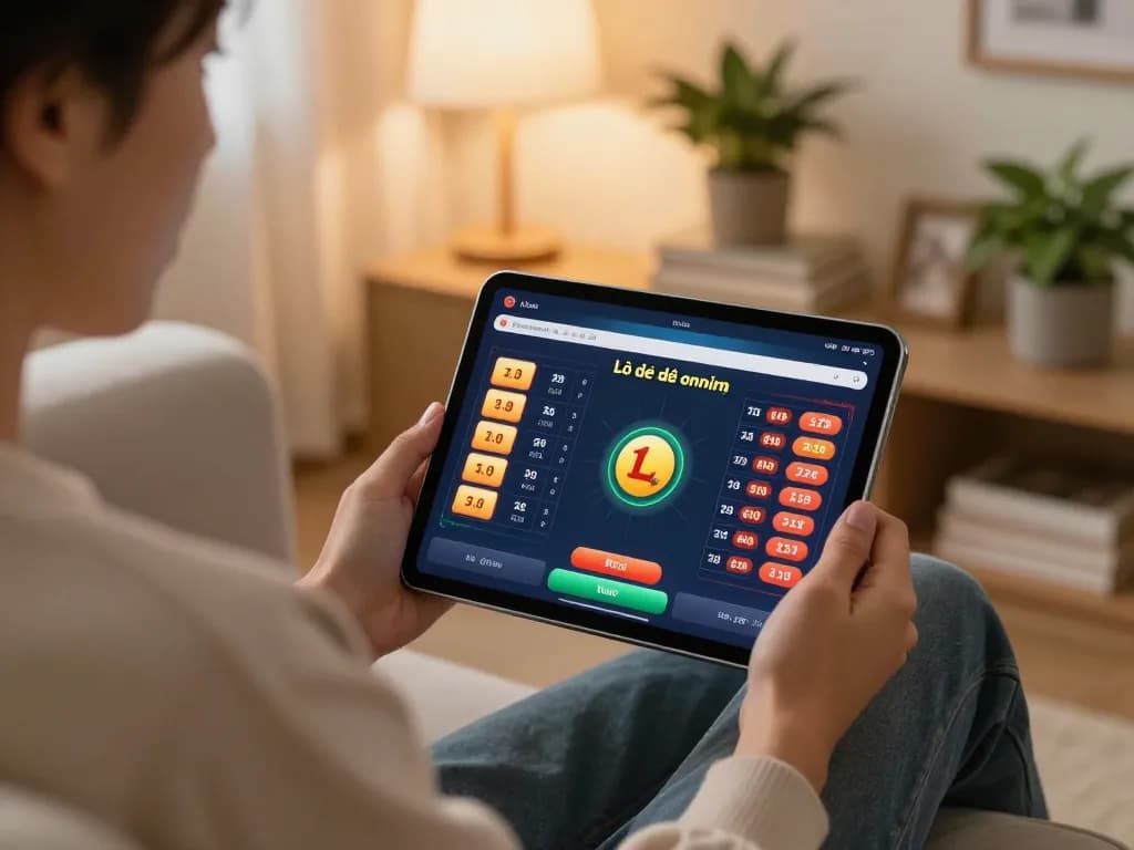 Engaging in đánh đề online from home with a tablet, vibrant betting interface visible in a cozy setting.