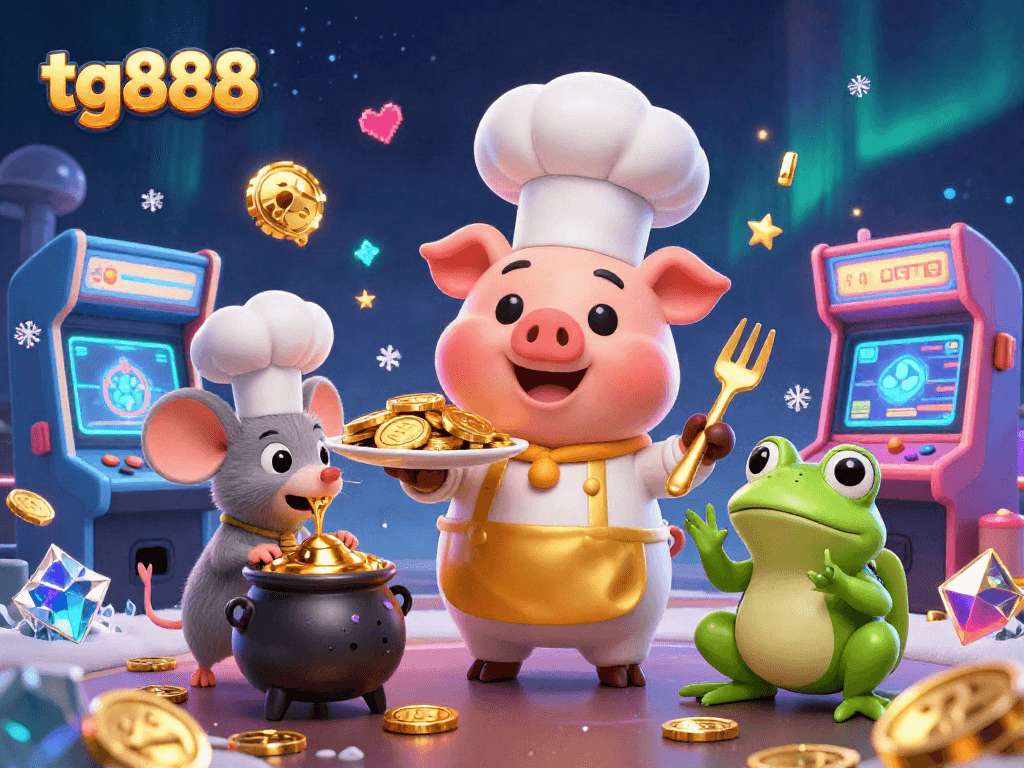 Experience vibrant gaming fun at tg888 with a 3D chef serving gold coins amidst energetic casino elements.
