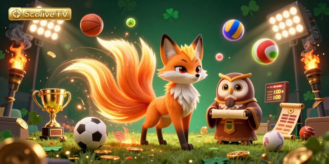 Socolive TV showcases an energetic atmosphere featuring a glowing nine-tailed fox spirit and wise owl, capturing the excitement of sports betting.