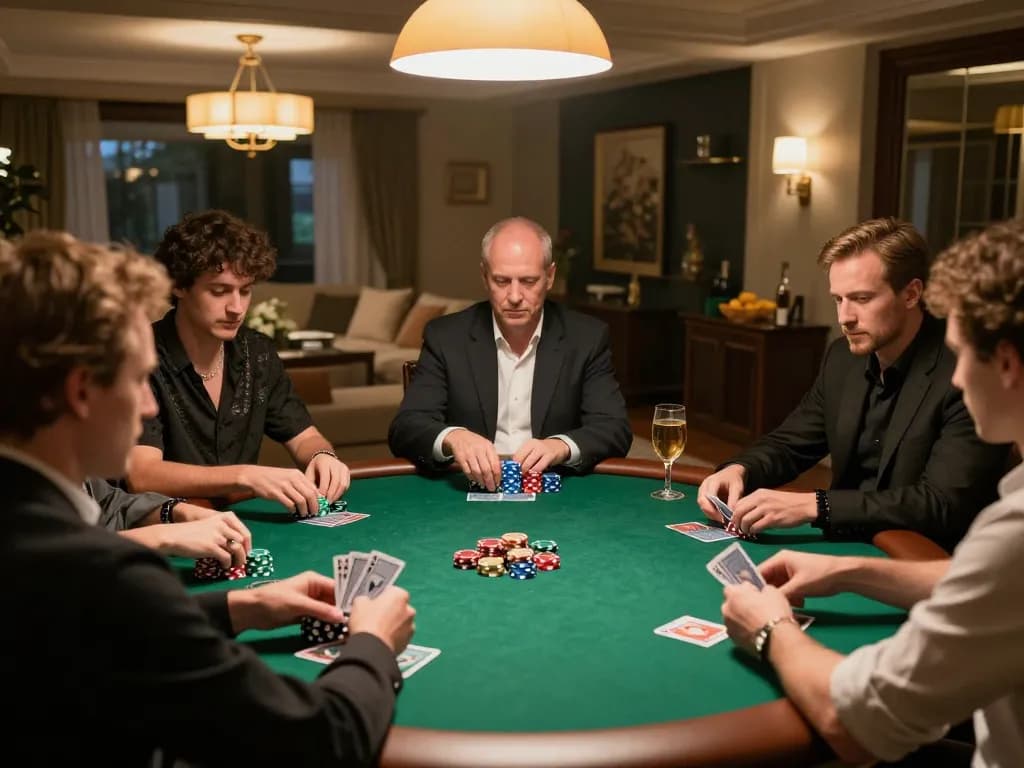Engage in top 10 nhà cái uy tín at a private poker game, showcasing strategic gameplay amongst friends.