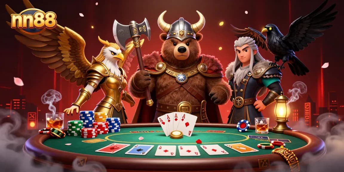 Engage in thrilling poker action at nn88 with Viking characters and a vibrant casino scene.