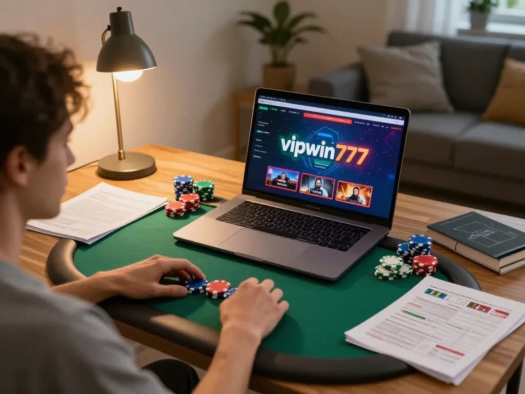 Player enjoying a poker game on vipwin777 interface at home desk, showcasing an engaging online gaming atmosphere.