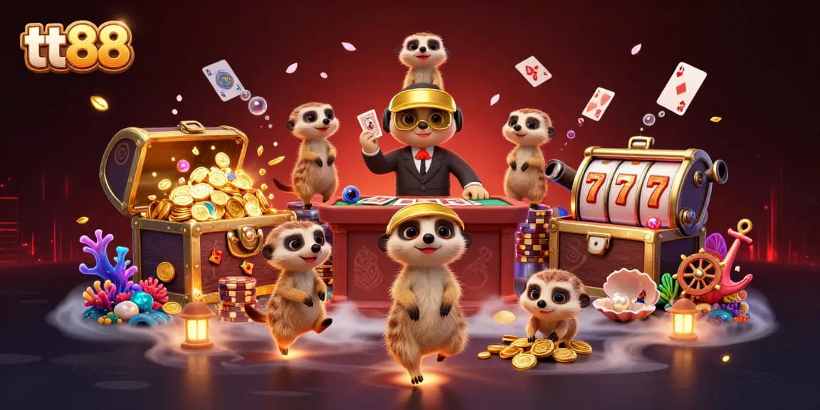Experience thrilling gameplay at tt88 with cartoon meerkats managing a vibrant casino scene.
