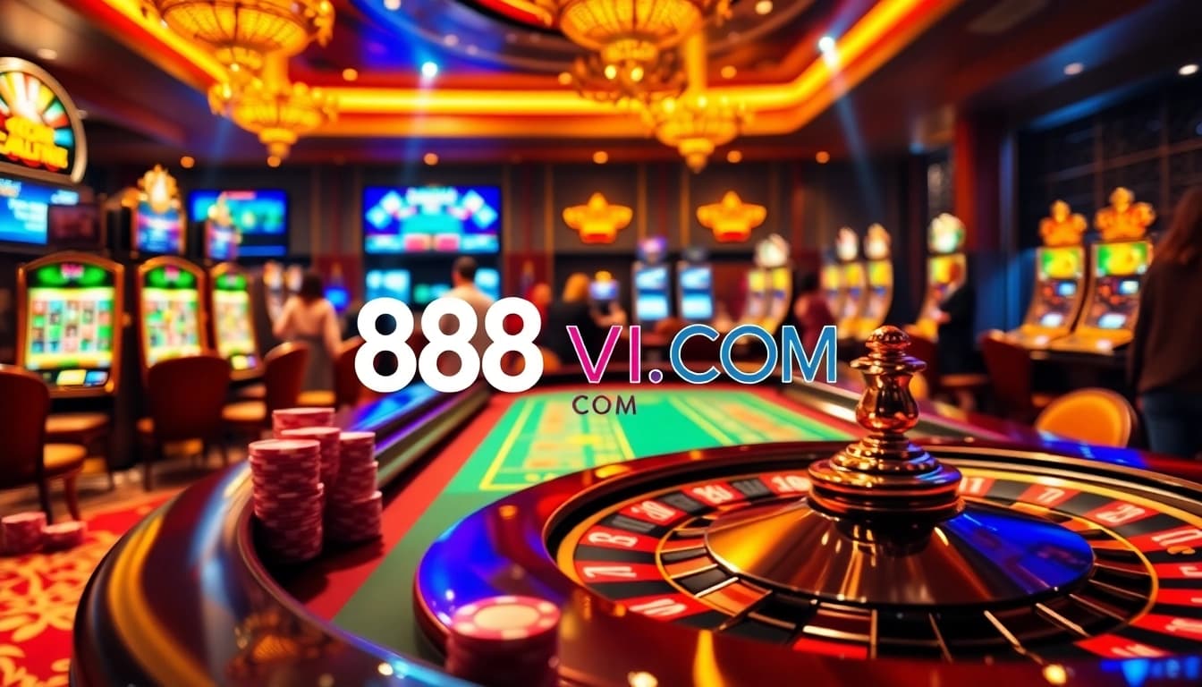 Experience thrilling gameplay at 888VI COM with poker chips, roulette, and slot machines.