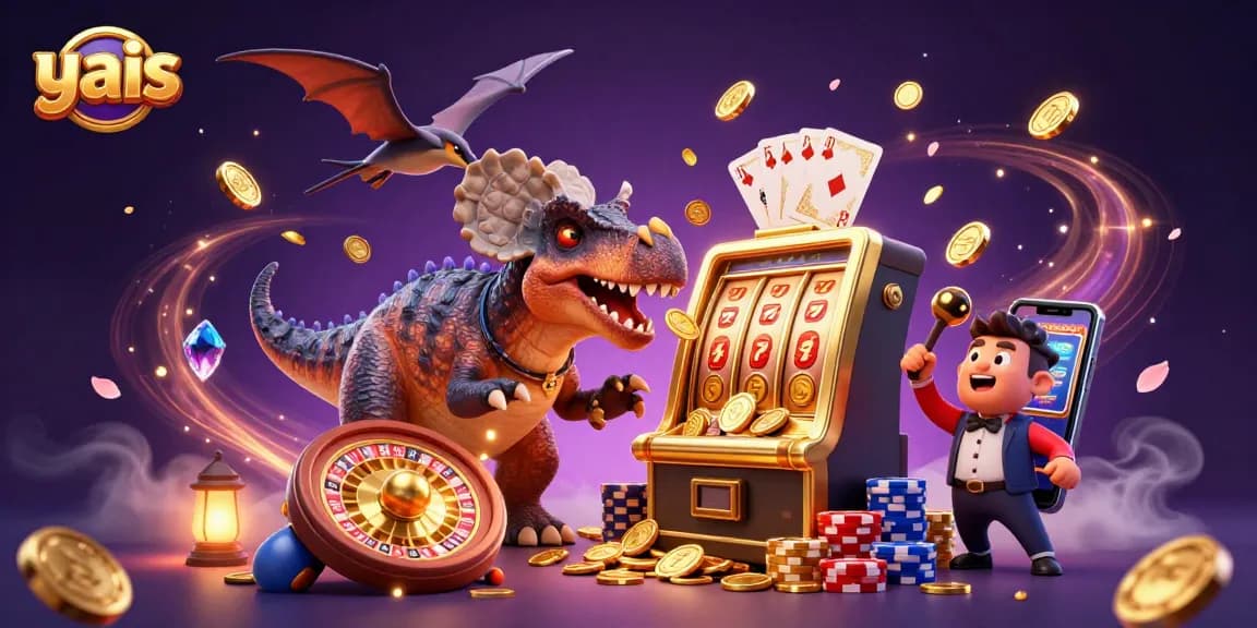 yais showcases vibrant 3D cartoon casino scene featuring playful dinos amidst jackpot coins.