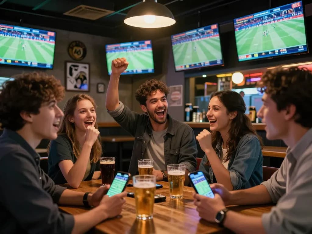 Friends actively engaged in sports betting using the tylekeonhacai88 platform in a lively sports bar.