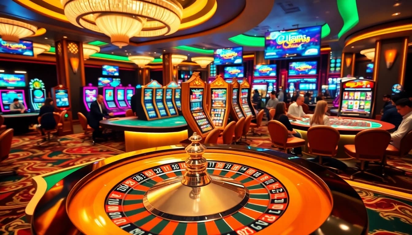 A vibrant casino scene featuring roulette and slot machines at https://bl555.rocks/, embodying excitement and luxury for gamers.