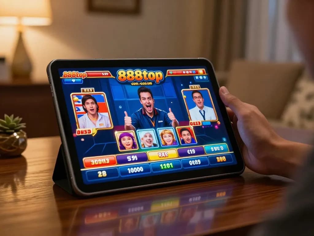 Engaged player enjoying 888top com online casino games on tablet during a cozy home session