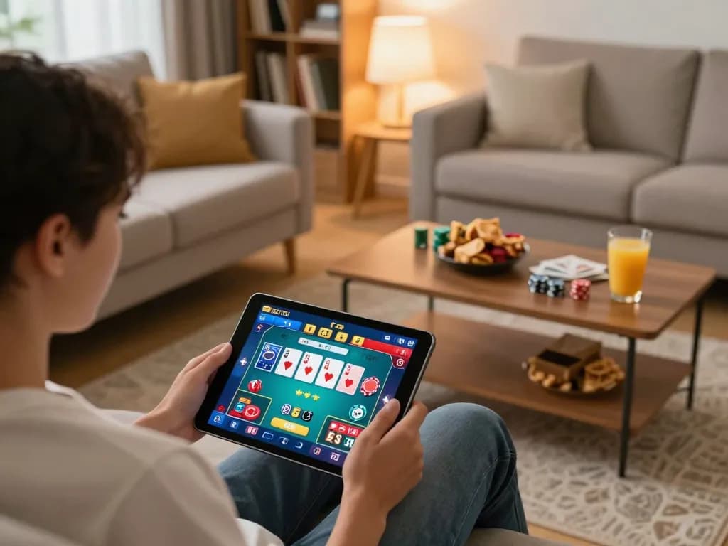 Engaging in go 88 gaming on a tablet with poker interface from a cozy living room.