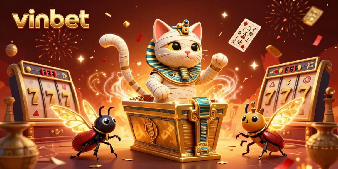Experience thrilling gameplay with vinbet in this vibrant casino scene featuring a mummy cat and jackpot elements.