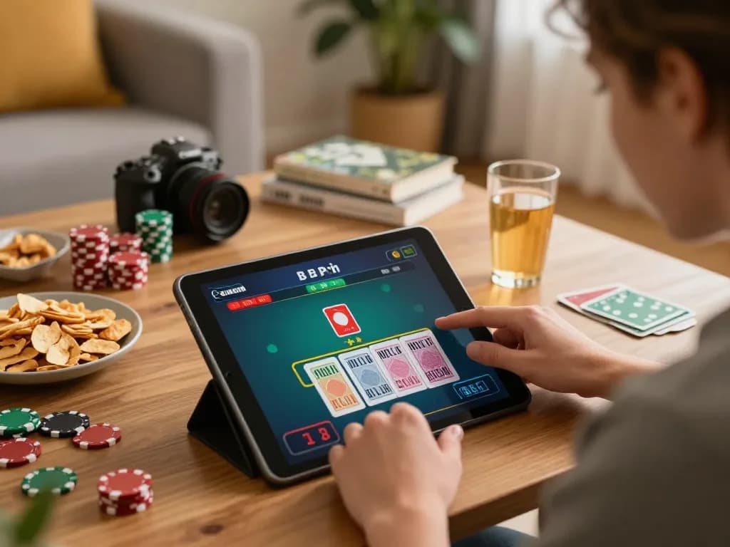 Player immerses in a live dealer blackjack game on their tablet at home, showcasing hitclub gaming strategy.