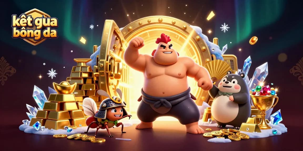 Bet on kết quả bóng đá with action-packed characters and sparkling treasures in a vibrant casino illustration.