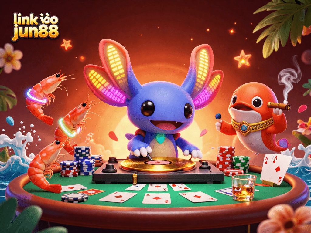Join the party with link vào jun88 at the lively casino scene featuring DJ axolotl and vibrant shrimp crew.