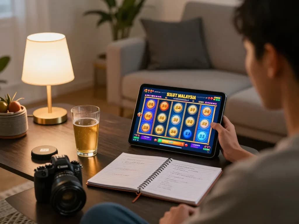 Engaging in Slot Malaysia gameplay on tablet, showcasing vibrant online slot interface from a cozy home setup.