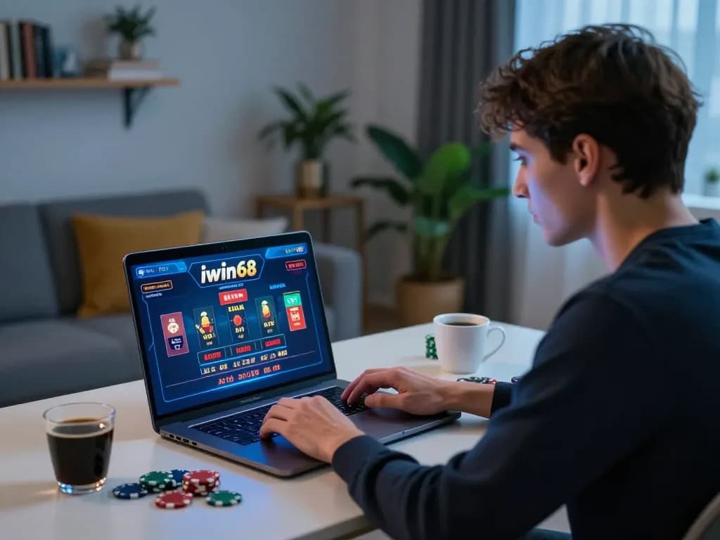 Engaging with iwin68 blackjack on a laptop, showcasing concentration and strategic play in a cozy atmosphere.