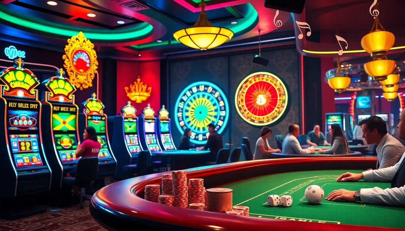Experience luck 8 at a vibrant casino with slot machines, tables, and winning players.