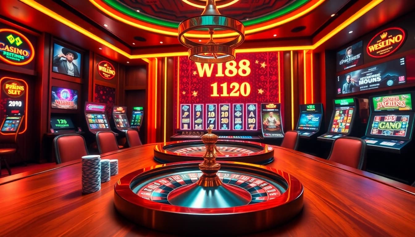 Experience W188 gaming excitement with a vibrant casino setup featuring poker, roulette, and slots.