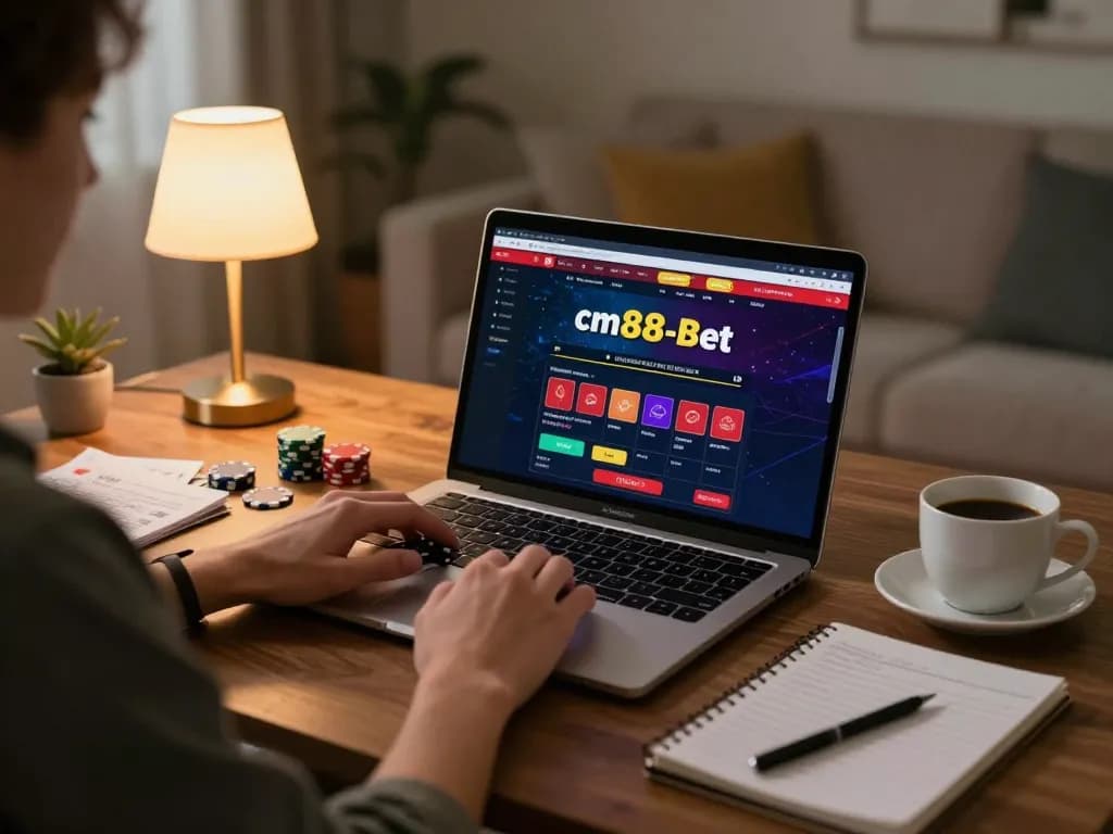 Player enjoying cm88-bet online casino gaming with laptop in cozy home interior