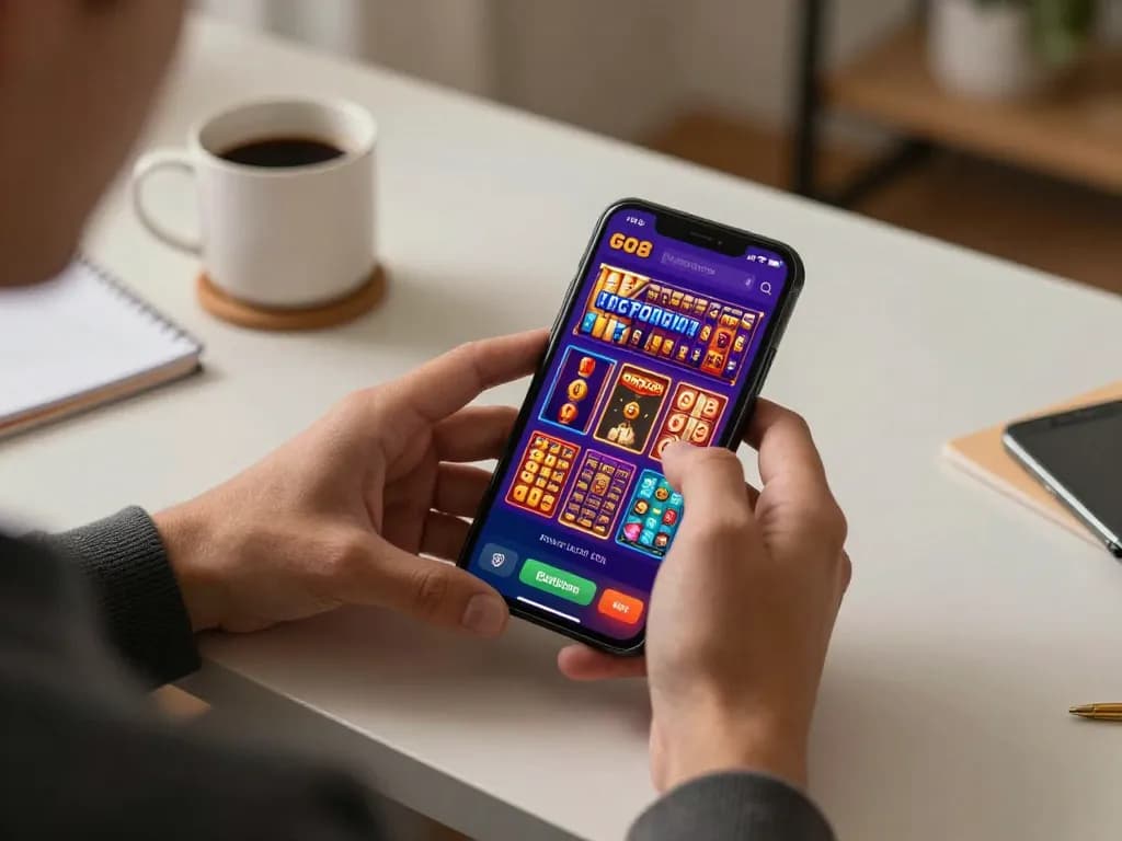 Engaging with GO8 mobile app while enjoying online gaming at home, featuring vibrant game interface.