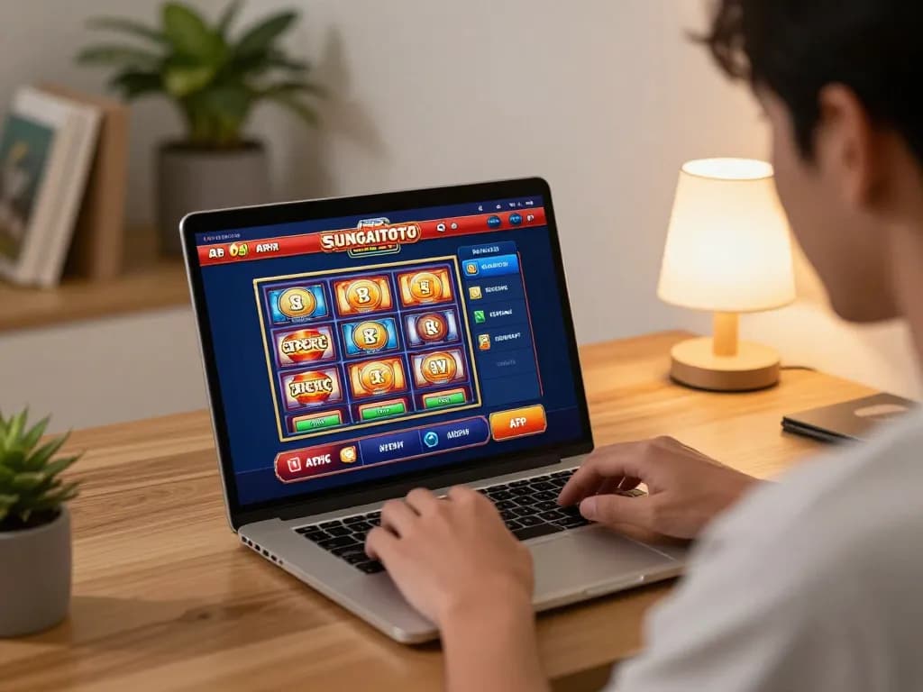Engaging with the apk sungaitoto for online gambling on a laptop in a cozy home setup.