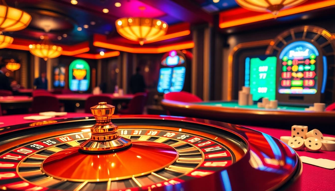 Engaging scene of high-stakes gambling at https://urr88.com/ with roulette, poker chips, and vibrant casino ambiance.