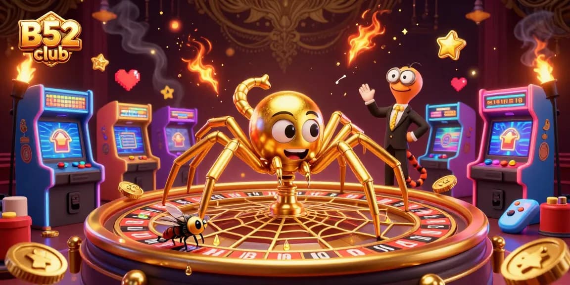 Bets fly at B52 club with a golden spider spinning a roulette web, capturing excitement.