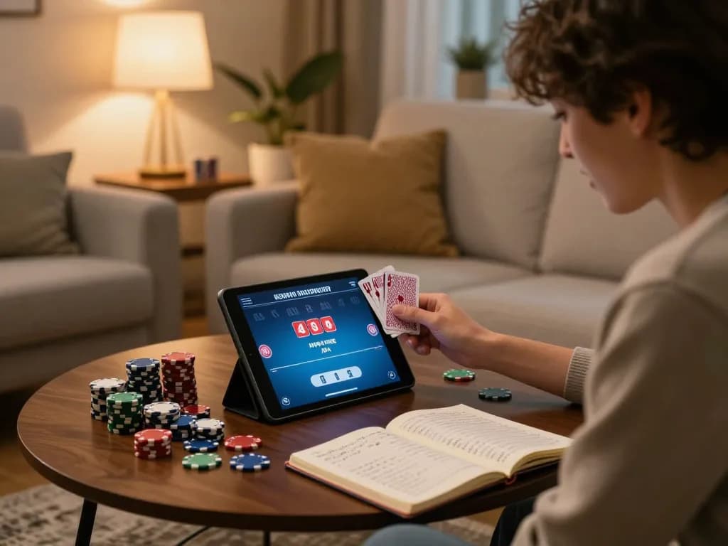 Player using 33win app on tablet, engaging in strategic poker gameplay at home with focused atmosphere.
